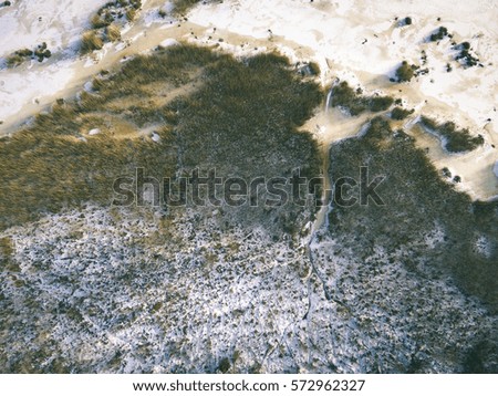 aerial view of frozen forest lake in winter. drone photography. abstract texture - vintage effect