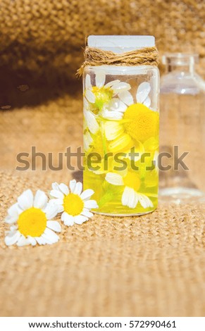 A chamomile tincture in a small bottle. Selective focus.