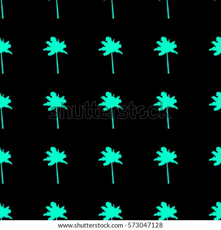 Seamless pattern with bright aquamarine green palm tree silhouette on a black background.