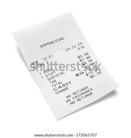Paper Sales Receipt Isolated on White Background. Royalty-Free Stock Photo #573065707
