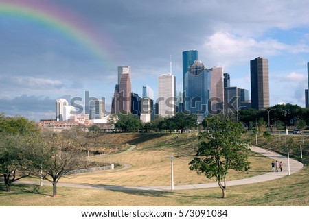 Rainbow over high-rise buildings of downtown Houston. Texas, USA