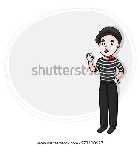 Romantic mime, french artist, symbol of France, pantomime «Okay», cartoon man, background for Valentine's day.