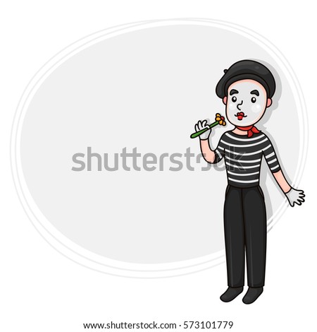 Romantic mime, french artist, symbol of France, pantomime «Flower», cartoon man, background for Valentine's day.
