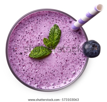 Glass of blueberry milkshake or cocktail isolated on white background. From top view Royalty-Free Stock Photo #573103063