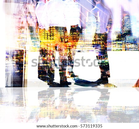 Group of business people in London. Multiple exposure image. Business concept illustration.