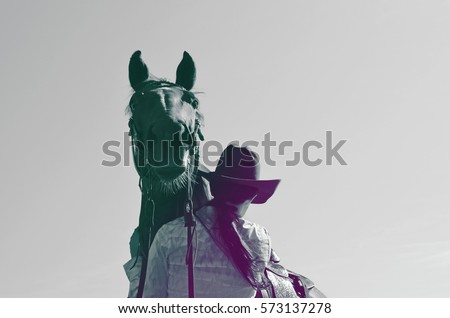 Western retro background image.  Horse with cowgirl, vintage feel with gray tones.