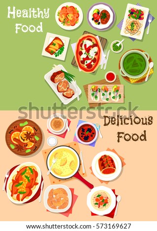 Dinner dishes with chocolate dessert icon set of baked duck, beef, seafood and pork with vegetables, pizza, vegetarian spring roll, cheese bread, healthy soups, chocolate mousse, vanilla cookie