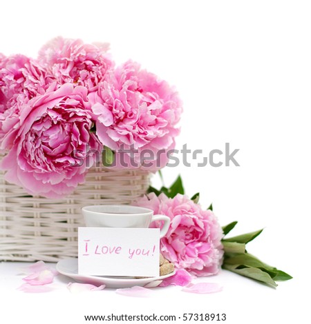 Romantic breakfast, flower and a blank poster card with a note of love. Focus on paper