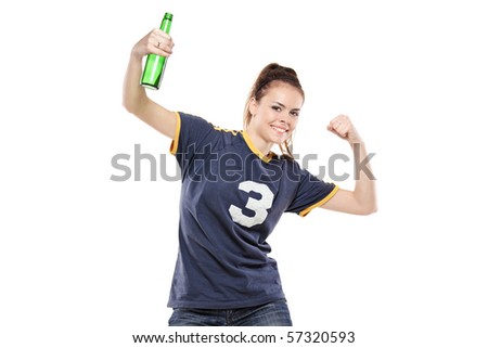 Female sport fan celebrating isolated on white background