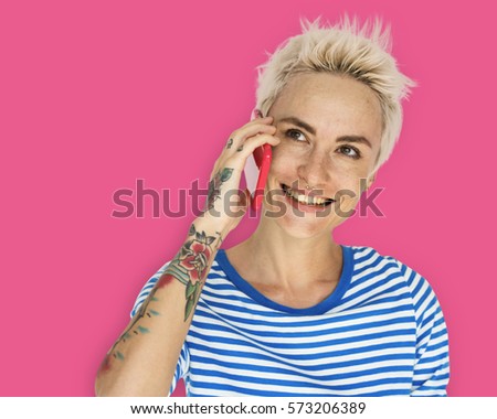 Caucasian Blonde Woman Smile Handphone