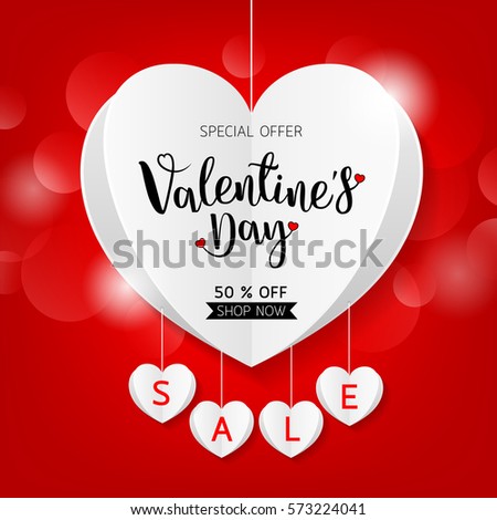 Valentine's day sale offer, banner template. white hanging heart with lettering, isolated on red background. Valentines Heart sale tags. Shop market poster design. illustration
