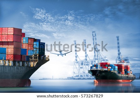 Logistics and transportation of International Container Cargo ship and cargo plane in the ocean at twilight sky, Freight Transportation, Shipping Royalty-Free Stock Photo #573267829