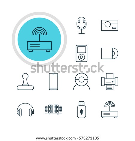 Vector Illustration Of 12 Accessory Icons. Editable Pack Of Photocopier, Media Controller, Usb Card And Other Elements.