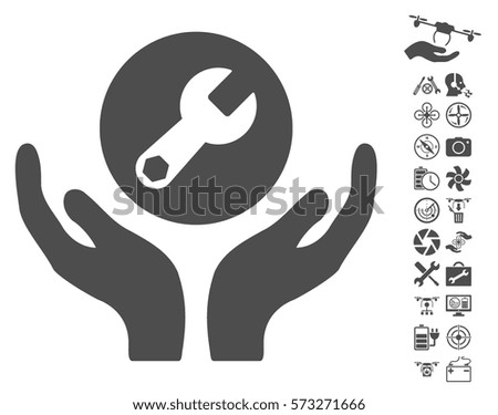 Wrench Maintenance pictograph with bonus flying drone service images. Vector illustration style is flat iconic gray symbols on white background.
