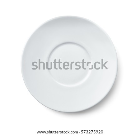 Top view of ceramic saucer isolated on white  Royalty-Free Stock Photo #573275920