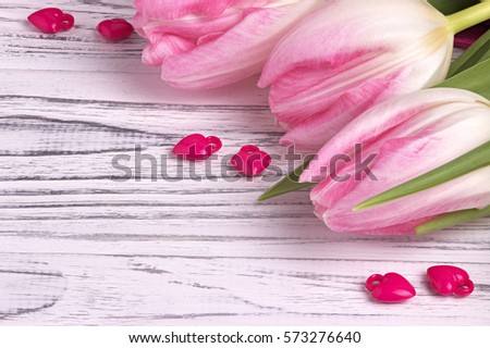 Purple hearts with rose tulips on white painted rustic white wooden background. Valentine Day. Wedding