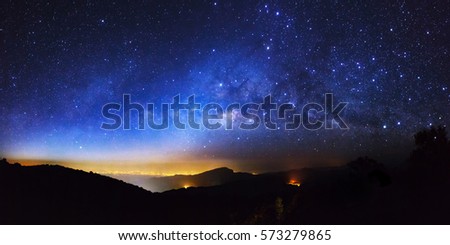 Panorama Milky Way Galaxy at Doi inthanon Chiang mai, Thailand. Long exposure photograph. With grain