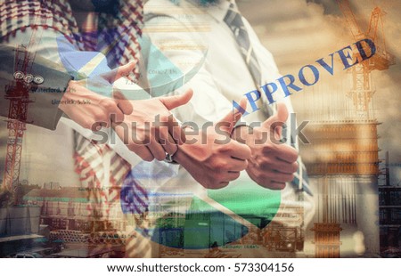 Double Exposure Hand of teamwork pose finger thumb up (like) with graph ,Business concept