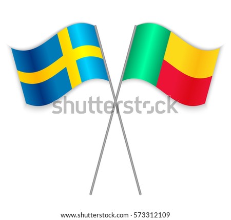 Swedish and Beninese crossed flags. Sweden combined with Benin isolated on white. Language learning, international business or travel concept.