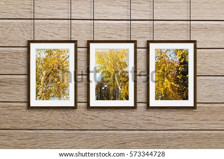 Wooden frames hanging on cords against oak-tree panels wall with colorful autumn pictures, gallery style decor, interior design mock up

