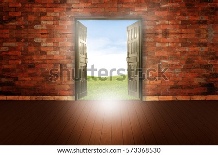 Open wooden door background of old vintage brick wall on wood