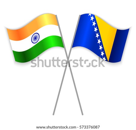Indian and Bosnian crossed flags. India combined with Bosnia and Herzegovina isolated on white. Language learning, international business or travel concept.