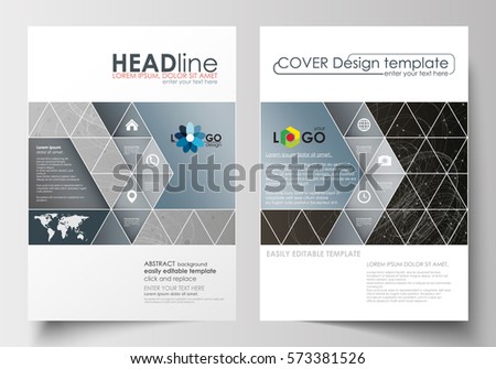 Business templates for brochure, magazine, flyer. Cover design template, flat layout in A4 size. Abstract 3D construction and polygonal molecules on gray background, scientific technology vector