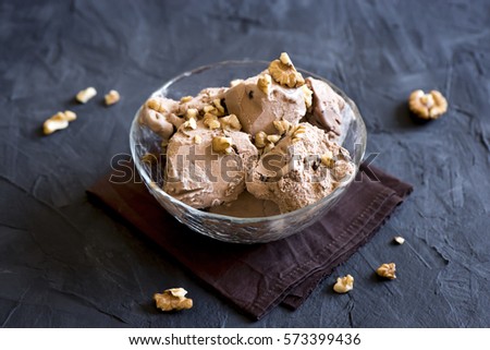 Homemade chocolate ice cream topped with walnuts in glass bowl - healthy homemade dairy free, gluten free, vegan dessert