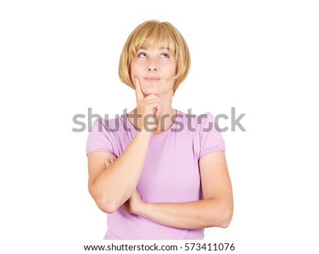 Portrait of a young Thinking  blonde girl. Woman thinks looking up a person's hand. Isolated on background.  