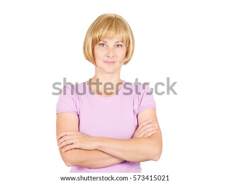 Portrait of a beautiful young woman. Blonde girl smiling close-up. Isolated on background.