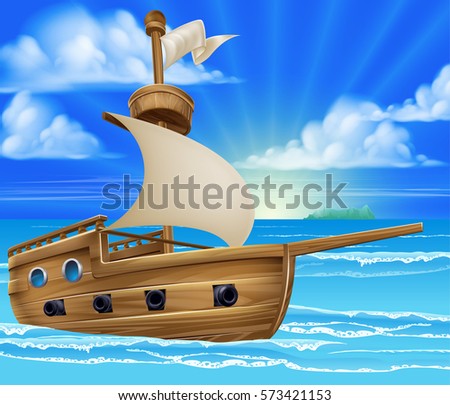 A cartoon ship or boat sailing in the ocean background