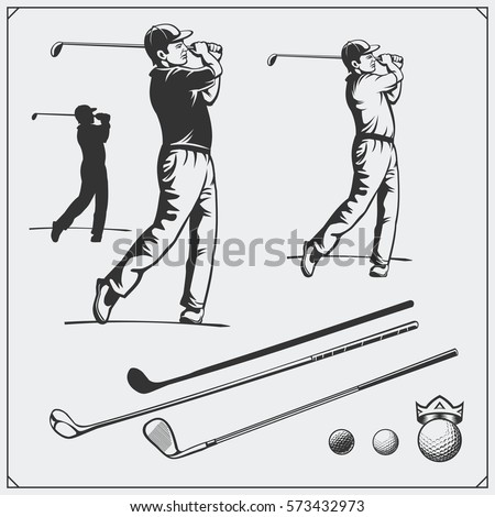Vector set of golf players and golf elements.