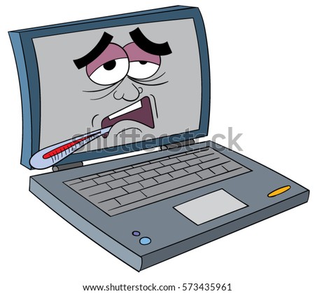 A cartoon computer laptop that is infected with a virus