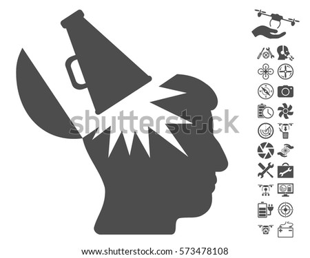 Open Brain Megaphone icon with bonus quad copter service clip art. Vector illustration style is flat iconic symbols on white background.