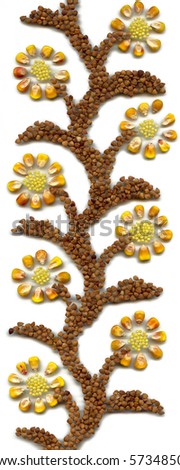 Decorative floral ornament of grains of different cereals: buckwheat, maize, millet