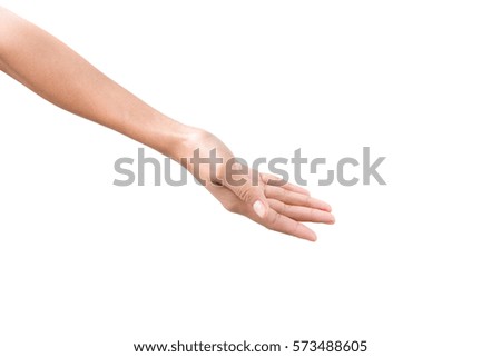 Beautiful woman hand holding items isolated on white background.