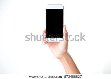 closeup hand holding phone isolated