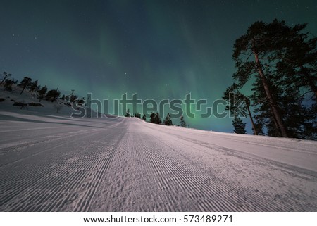 Northern lights from a ski resort in Lapland, Finland.