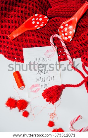 valentine's day in red- white background, romantic and for lovers day- flat lay