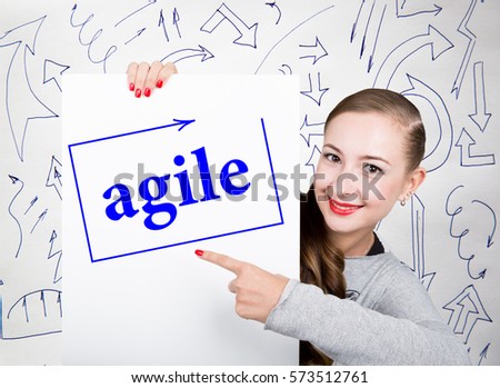Young woman holding whiteboard with writing word: agile. Technology, internet, business and marketing.