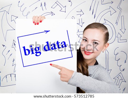 Young woman holding whiteboard with writing word: big data. Technology, internet, business and marketing.