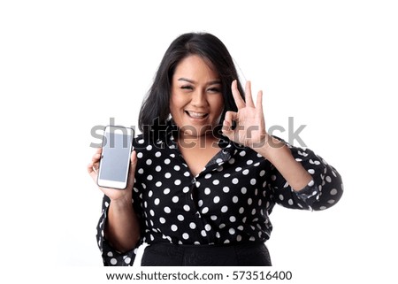 The Asian chubby woman on the white background.