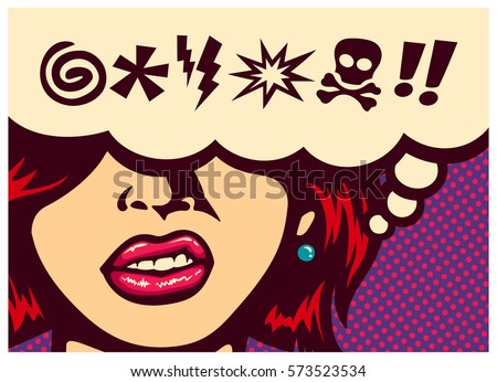 Pop art style comics panel angry woman grinding teeth with speech bubble and swear words symbols vector poster design illustration Royalty-Free Stock Photo #573523534