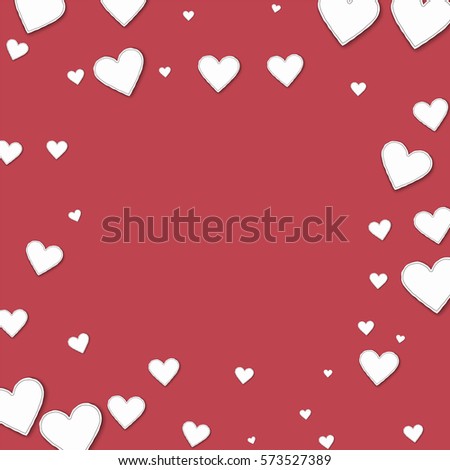 Cutout paper hearts. Square scattered frame on crimson background. Vector illustration.
