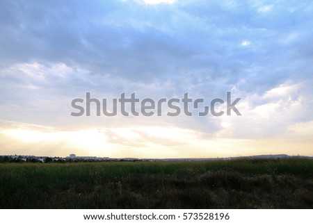 Photo of beautiful landscape and environment. Magnificent sky and concentration clouds over green field where grow grass and wild flowers in open air. Concept of grandeur and elements of nature
