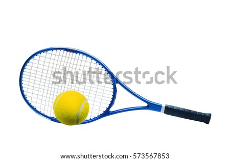 Blue tennis racket and yellow ball isolated white background