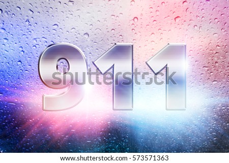 911 emergency scene with rain background and police lights, 911 lettering graphic