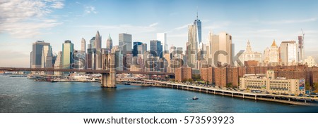 Lower Manhattan skyline from Manhattan Bridge on a beautiful day.