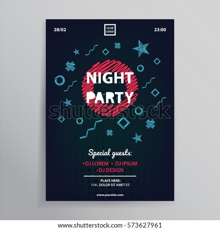 Creative party invitation. Flyer event concept with hipster background. Applicable to banner, placard, advertising, promo design. Vector eps 10. 