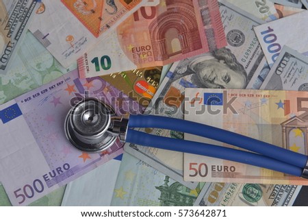 Stethoscope on Money Euro Cash Currency Banknote Background Using for Healthy Financial and Insurance Concept